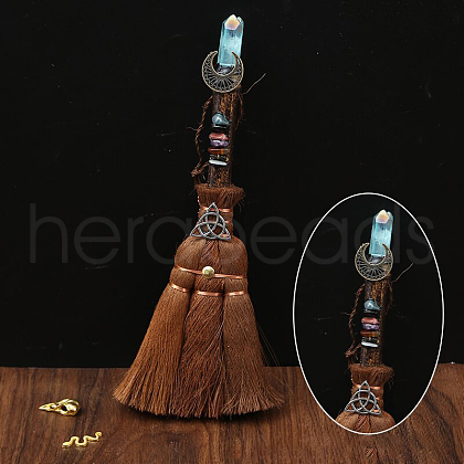 Wood Witch Broom with Synthetic Quartz Pendant Decorations AUTO-PW0001-15H-1
