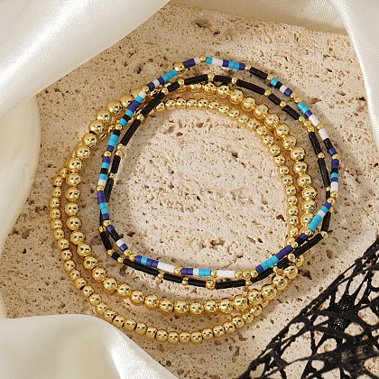 4Pcs 4 Styles Glass Seed Cylinder Beads Stretch Bracelet & Brass Round Beads Stretch Bracelet Set BP7471-7-1