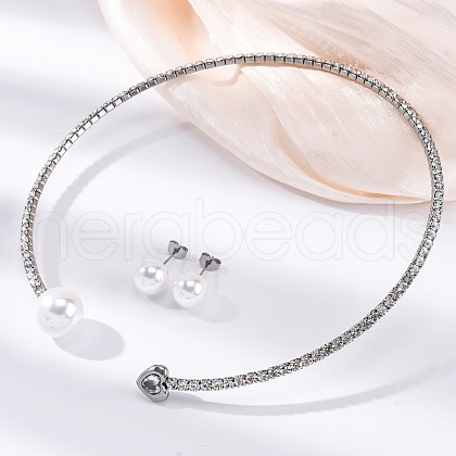 Round Plastic Imitation Pearl Stud Earrings & Heart Cubic Zirconia Rhinestone Cuff Choker Necklaces Sets SJEW-U003-08P-1
