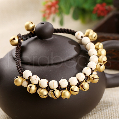 Bohemian Style Synthetic Turquoise Round Beaded & Brass Bell Charm & Wax Cord Braided Bead Bracelets FS-WGC2A27-01-1