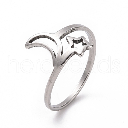 Non-Tarnish 201 Stainless Steel Moon & Star Finger Ring RJEW-J051-28P-1