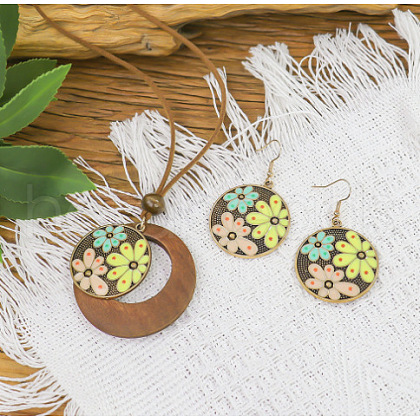 Bohemian Alloy Enamel & Wood Pendant Necklaces & Dangle Earrings Sets WG0DDDA-09-1