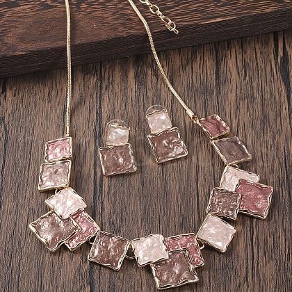 Square Zinc Alloy Enamel Pendant Necklace & Stud Dangle Earring FS-WG2E030-01-1