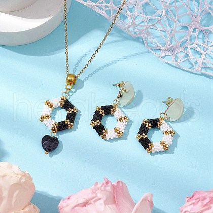 Hexagon Glass Seed Beads Earring & Pendant Necklaces Sets SJEW-MZ00005-1