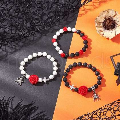 3Pcs Halloween Theme Natural & Synthetic Lava Rock Round Beads Stretch Bracelets BJEW-MZ00185-1