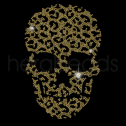 Leopard Print Skull Glass Hotfix Rhinestone DIY-WH0303-095-1