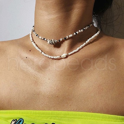 Bohemian Ethnic Style Natural Shell & Glass Seed Beaded Double Layer Choker Necklaces FS-WG063D6-01-1