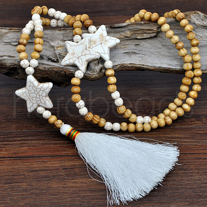 Synthetic Turquoise Star Tassel Wood Round Beaded Long Necklaces FS-WGB2C24-01-1