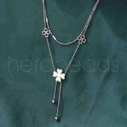 304 Stainless Steel Shell Pearl Clover Pendant Double Layered Necklaces for Women NJEW-U036-01P-1
