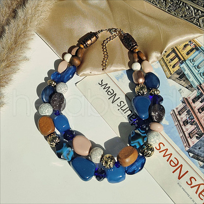Wood & Resin Nuggets Beaded Double Layer Necklaces for Women FS-WGB5610-11-1