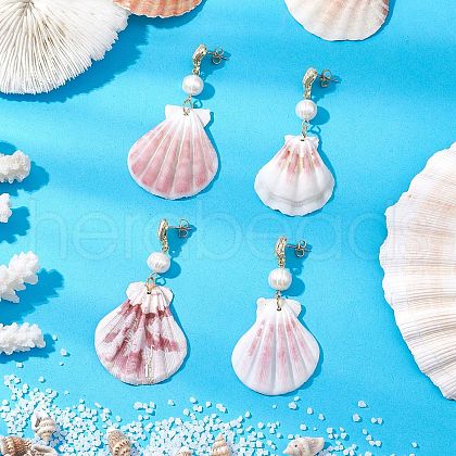 Natural Scallop Shell Dangle Stud Earrings EJEW-TA00628-1
