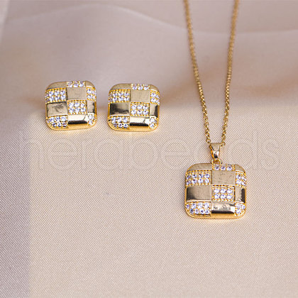 Square 304 Stainless Steel Crystal Rhinestone Pendant Necklaces & Stud Earrings Sets FS-WGB49B1-02-1