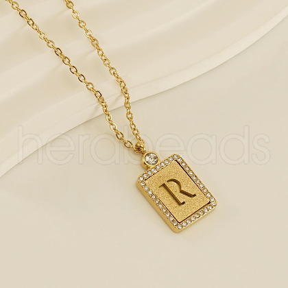 304 Stainless Steel Micro Pave Clear Cubic Zirconia Rectangle with Hollow Letter Pendant Necklaces FS-WGAE794-21-1