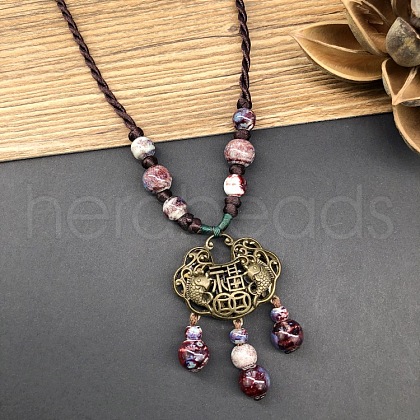 Ethnic Style Longevity Lock Alloy & Porcelain Tassel Pendant Long Necklaces for Women FS-WGC9E4C-06-1