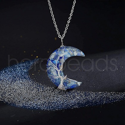 Resin with Natural Lapis Lazuli Chip Inside Moon with Tree of Life Copper Wire Wrapped Pendant Necklaces WGC6175-06-1