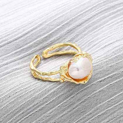 Brass with Natural Pearl Adjustable Cuff Rings RJEW-Q023-02G-1