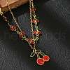 304 Stainless Steel Red Enamel Cherry Pendant Double Layer Necklaces NJEW-M091-03G-5