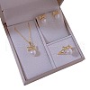 Bowknot Round Natural Freshwater Pearl Pendant Necklaces & Stud Earrings & Rings Sets FS-WGFC678-01-5