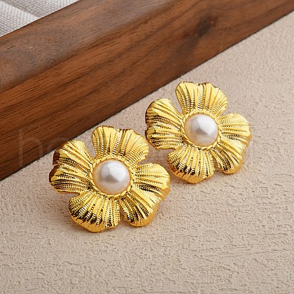 Flower Brass Stud Earrings EJEW-Q391-24G-1