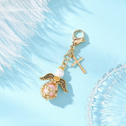 Angel Glass Pearl & Glass Seed Beaded Pendant Decorations HJEW-MZ00265-02-1