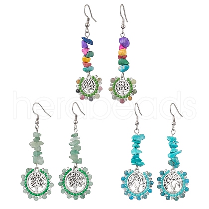 Alloy with Glass with Green Aventurinee & Tourmaline & Apatite Dangle Earrings EJEW-MZ00218-1