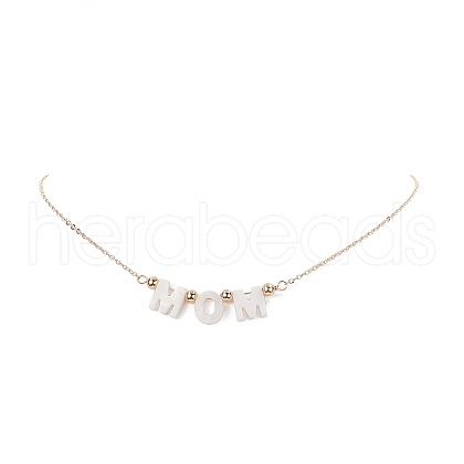 Natural Shell Word Mom Pendant Necklace with Golden Brass Cable Chains for Mother's Day NJEW-JN04151-01-1