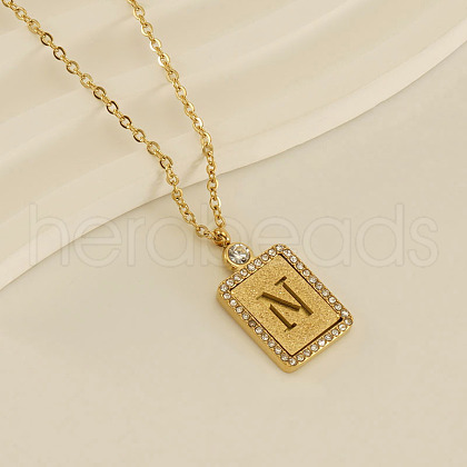 304 Stainless Steel Micro Pave Clear Cubic Zirconia Rectangle with Hollow Letter Pendant Necklaces FS-WGAE794-17-1