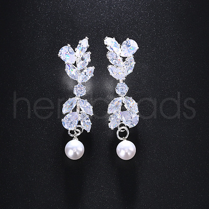 Leaf Brass Clear Cubic Zirconia Dangle Stud Earrings FS-WGEEEF5-02-1