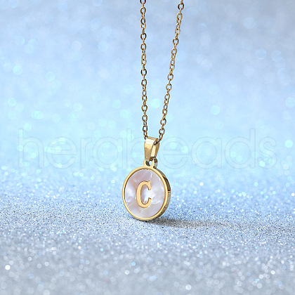 Flat Round Stainless Steel Pave Natural White Shell Initial Pendant Necklaces for Women FS-WG6FA45-03-1