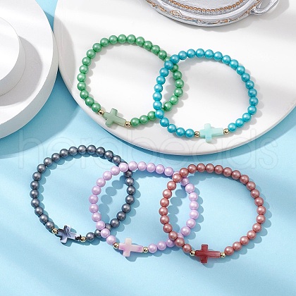5Pcs 5 Colors Acrylic Beads Stretch Bracelets for Women Men BJEW-JB11432-1