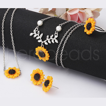 Sunflower Iron Resin Pendant Necklaces & Link Bracelets & Stud Earrings & Finger Ring Sets WGABE86-02-1