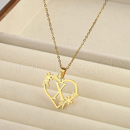 201 Stainless Steel Flower Heart Initial Pendant Necklaces for Women FS-WG08285-10-1