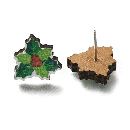 Christmas Printed Wood Stud Earrings for Women EJEW-U025-01A-1