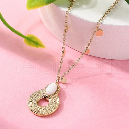 304 Stainless Steel & Oval White Glass Donut Pendant Necklaces for Women NJEW-A045-01G-1