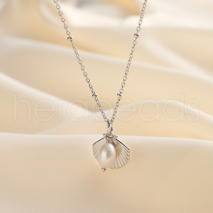 Summer Beach 925 Sterling Silver with Rice Natural Freshwater Pearl Shell Shaped Pendant Necklaces for Women NJEW-M097-01P-1