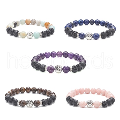 Natural Lava Rock & Mixed Gemstone & Alloy Rose Beaded Stretch Bracelets BJEW-JB09401-1