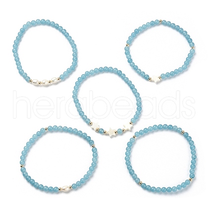 5Pcs 5 Style Natural Dyed White Jade & Pearl & Shell Star Beaded Stretch Bracelets Set BJEW-JB09495-05-1