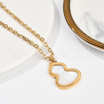 Ion Plating(IP) 304 Stainless Steel Pave Natural Shell Gourd Pendant Cable Chain Necklaces for Women NJEW-M078-02G-01-1