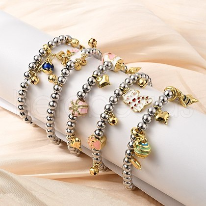 Brass Enamel Round Beads Charm Bracelets for Women BJEW-D317-11PG-1