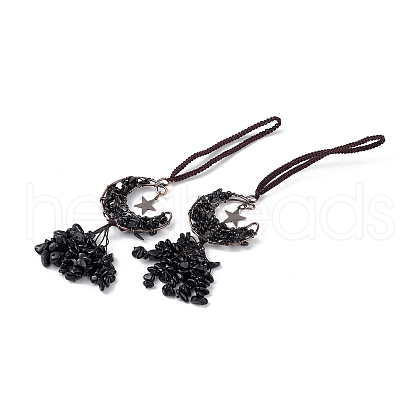 Natural Dyed & Heated Black Agate Moon with Chips Tassel Pendant Decorations G-L524-07R-B01-1