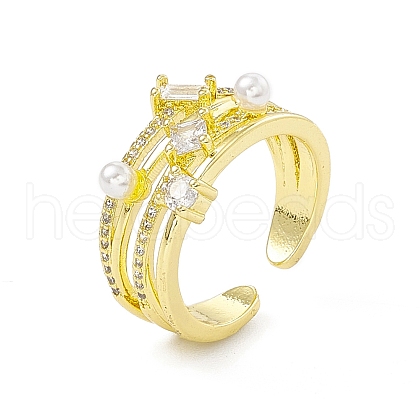 Clear Cubic Zirconia Rectangle & Rhombus Open Cuff Ring with Plastic Pearl Beaded RJEW-I091-15G-1