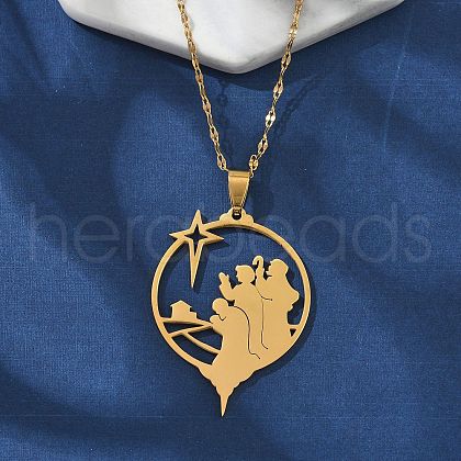 304 Stainless Steel Hollow Star with Prayer Pendant Necklaces for Ramadan & Eid Mubarak NJEW-D318-04G-1