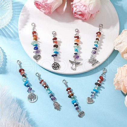 Chakra Natural Red Jasper & South Red Agate & Tiger Eye & Green Aventurine & Amethyst & Lapis Lazuli & Synthetic Turquoise Chips & Alloy Pendant Decorations HJEW-JM03181-1