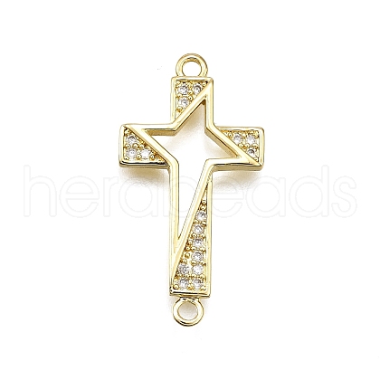 Brass Micro Pave Clear Cubic Zirconia Religion Star Cross Connector Charms KK-Z100-22G-03-1