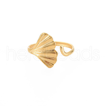 Ion Plating(IP) 304 Stainless Steel Ginkgo Leaf Wrap Open Cuff Ring for Women RJEW-S405-157G-1