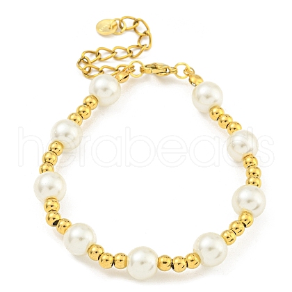 304 Stainless Steel & 201 Stainless Steel & Plastic Pearl Round Beaded Bracelets for Women BJEW-G717-01C-G-1