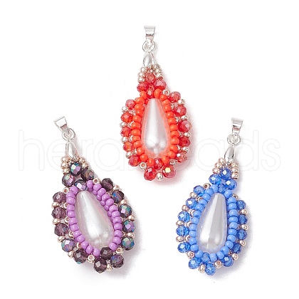 3Pcs Glass Seed Beaded Teardrop Pendants PALLOY-MZ00578-1