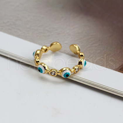 Flat Round with Evil Eye Brass Micro Pave Clear Cubic Zirconia with Enamel Cuff Rings FS-WG1191A-01-1