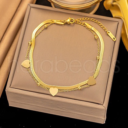 304 Stainless Steel Double Layer Heart Link Chain Anklets for Women AJEW-Q012-01G-1