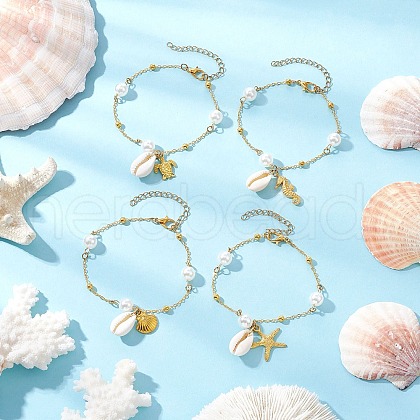 Marine Organism Alloy & Natural Cowrie Shell Charm Bracelets BJEW-JB11843-1